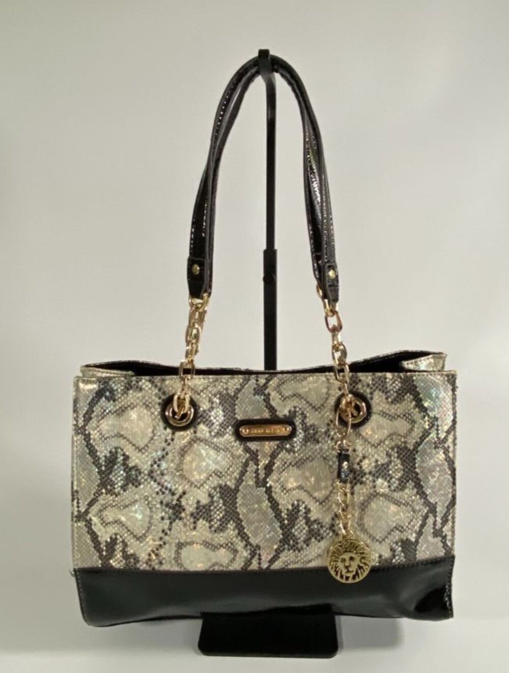Anne Klein Faux Snakeskin Tote Bag Black Gold Lion Charm Patent Trim